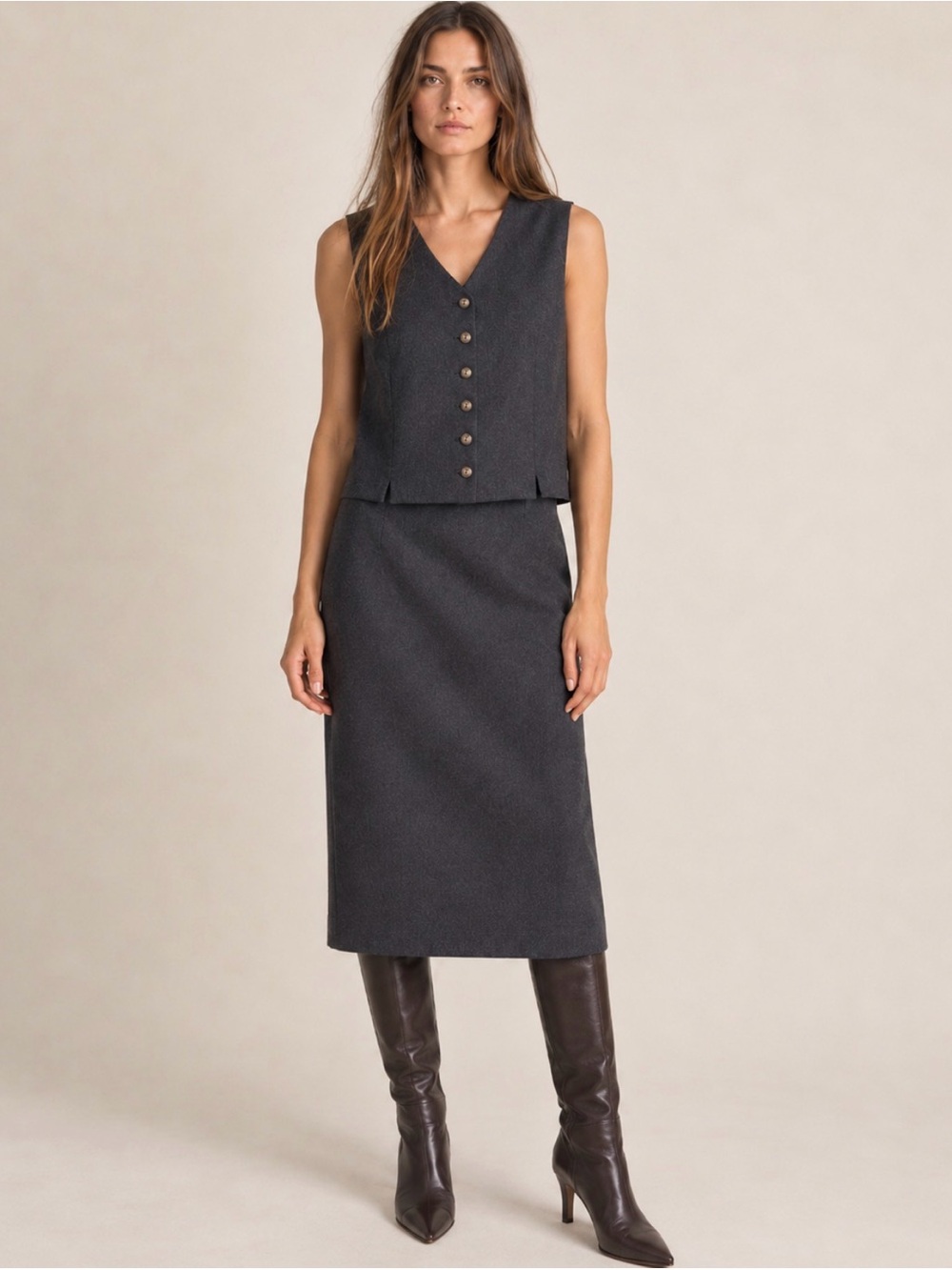Vintage Jones New York 100% Wool Charcoal Vest & Pencil Skirt Set M